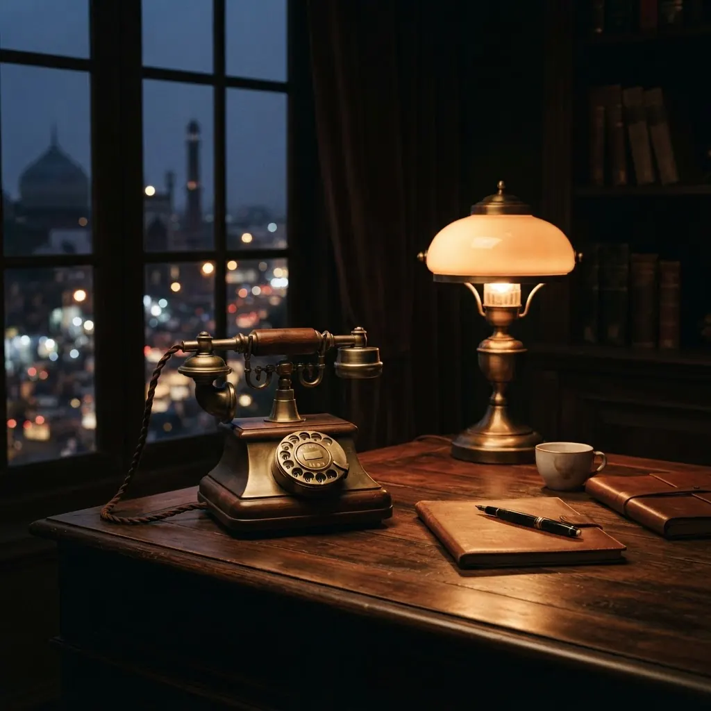 Vintage brass telephone on a dark desk lit by a warm lamp, evoking structured call coverage